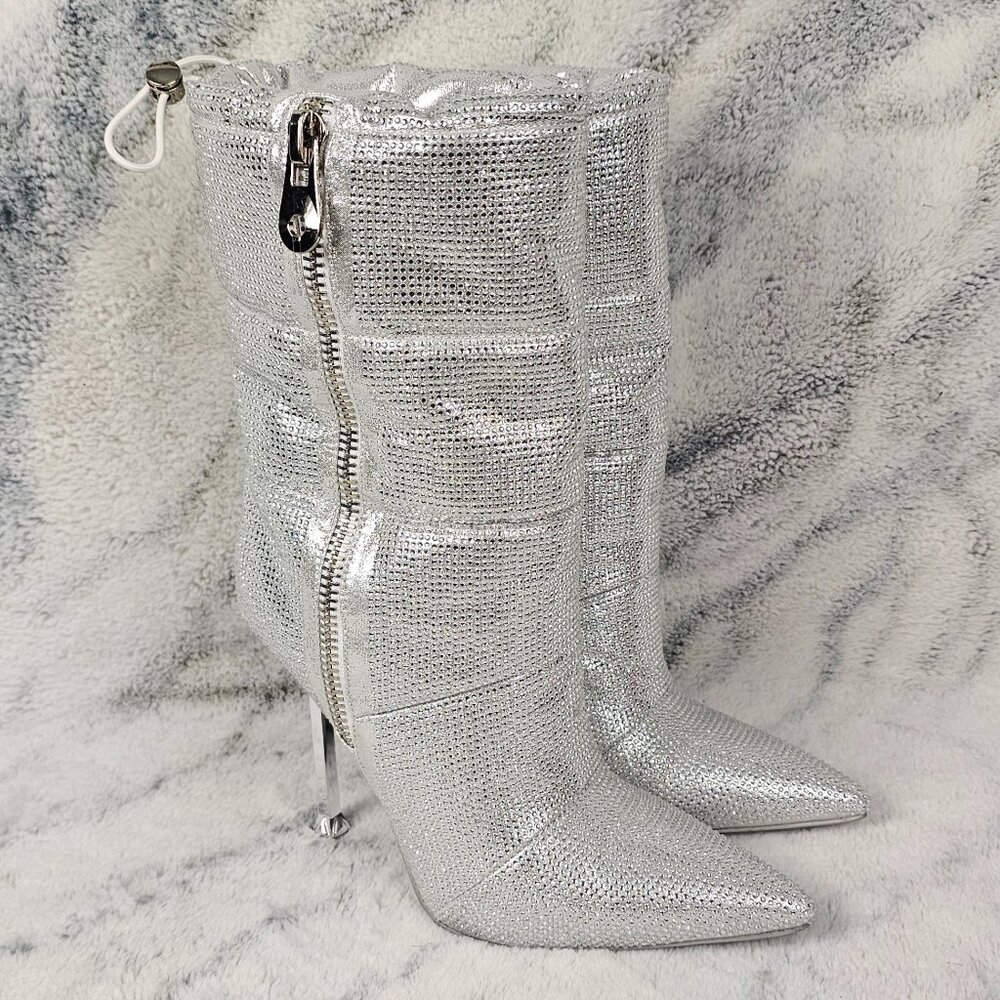 Azalea Wang Size 6.5 Silver Rhinestone Puffer Pointed Toe Heeled Snow Boots